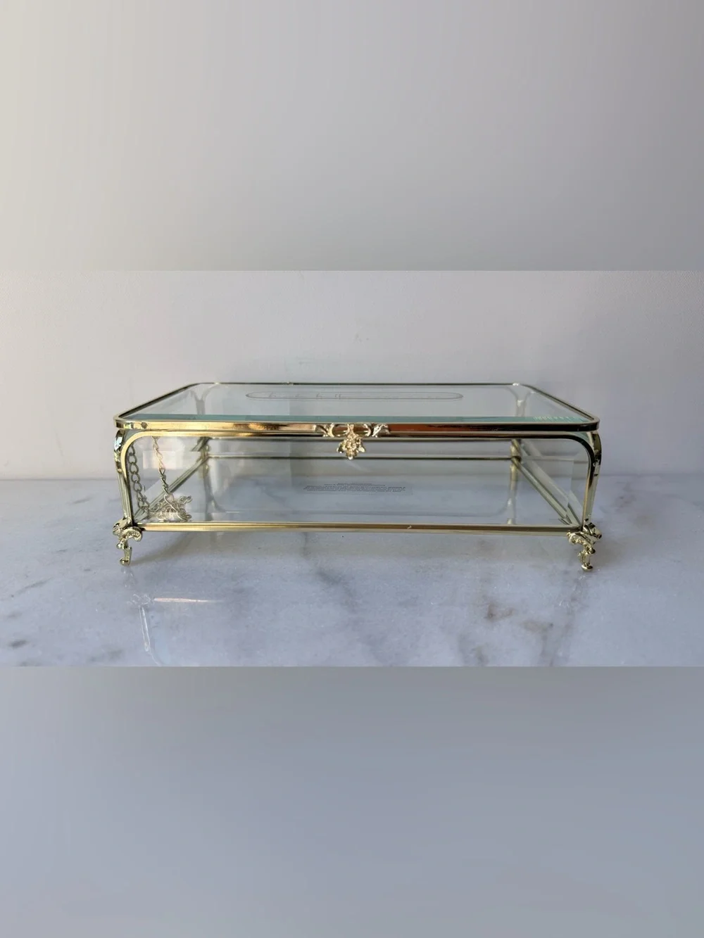 Glass Jewelry Display Box with Gold Frame vintage style